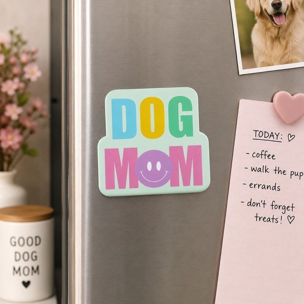 Dog Mom Pastel Smiley Face Fridge Magnet Cute Colorful Pet Lover Decor